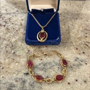 Gold Filled Red Glass Art-Deco Simmons Necklace and Bracelet Set